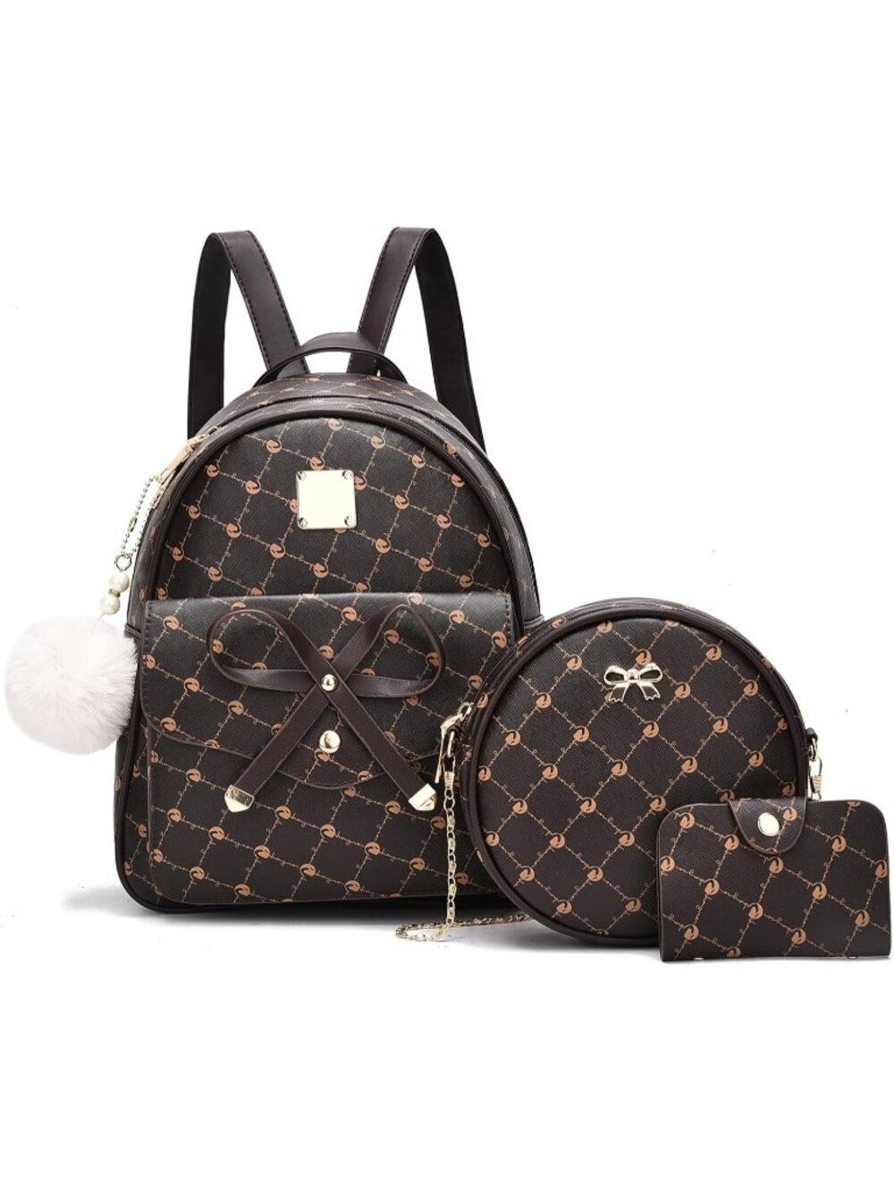 Women's Coffee PU Leather lightweight Fahsion 3-Pieces Backpack Shoulder Bag